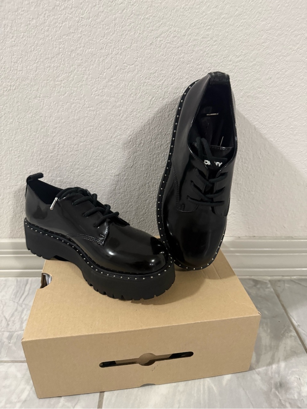 DKNY Black Patent Platform Lace-Up Oxfords with Stud Trim